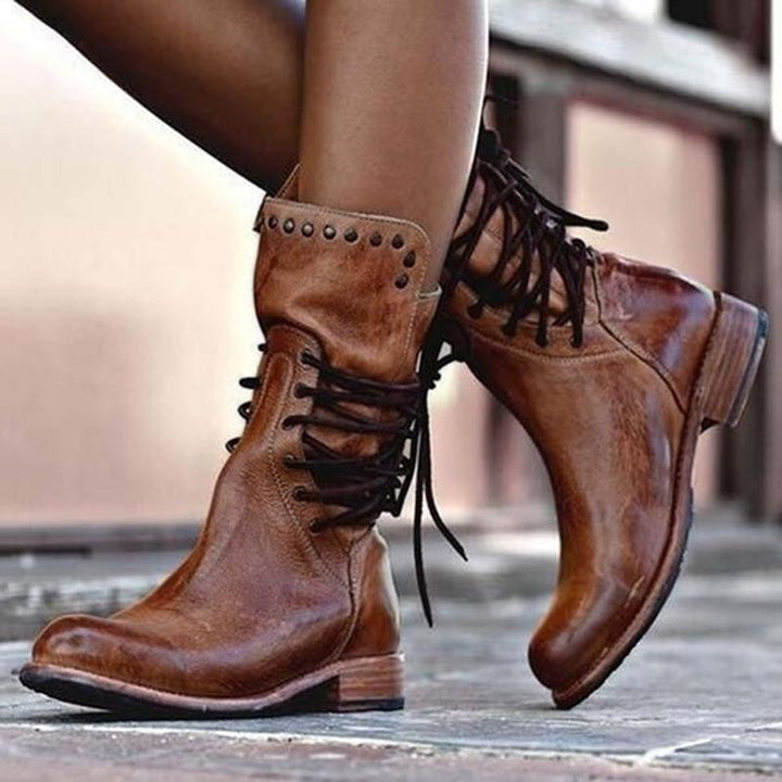 WINIFRED™ – Brown Leather Lace-Up Boots for Women