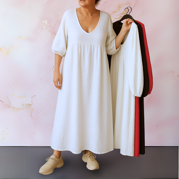 Mora - Solid Color Dress with V-Neck