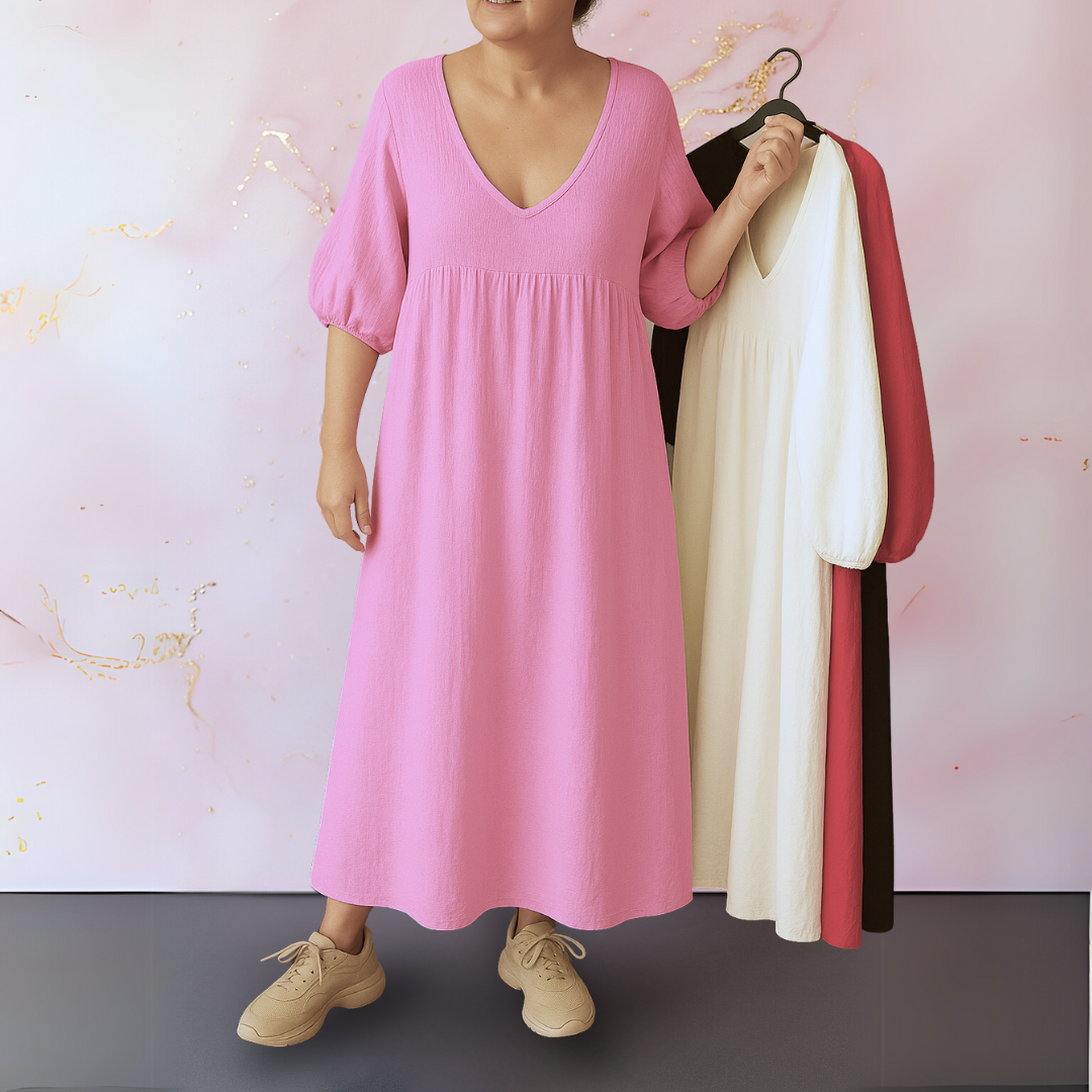 Mora - Solid Color Dress with V-Neck