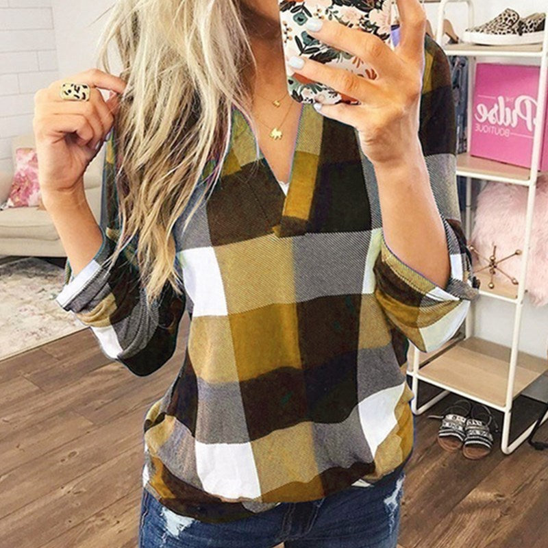 SAMIYA™ - Casual V-Neck Plaid Long Sleeve Blouse