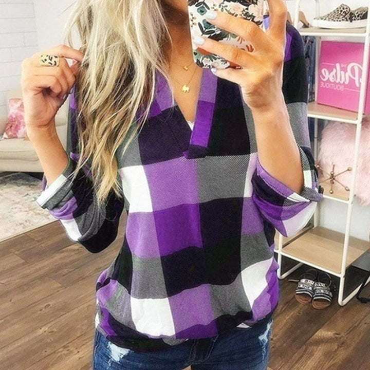 SAMIYA™ - Casual V-Neck Plaid Long Sleeve Blouse