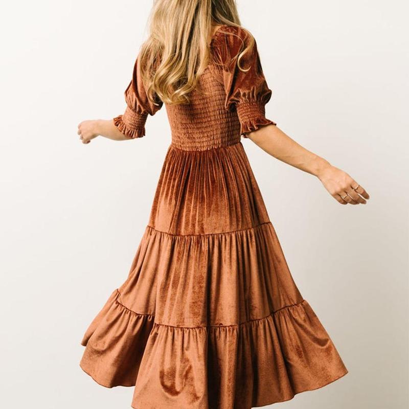 AUDREY™ - Square Neck Puff Sleeve A-Line Midi Dress for All Occasions