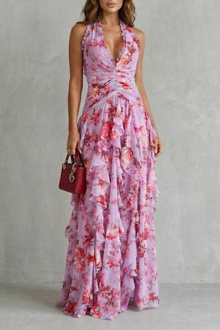 Dorothy | Romantic Rose Cascade Halter Maxi Dress