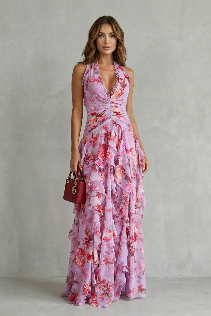 Dorothy | Romantic Rose Cascade Halter Maxi Dress