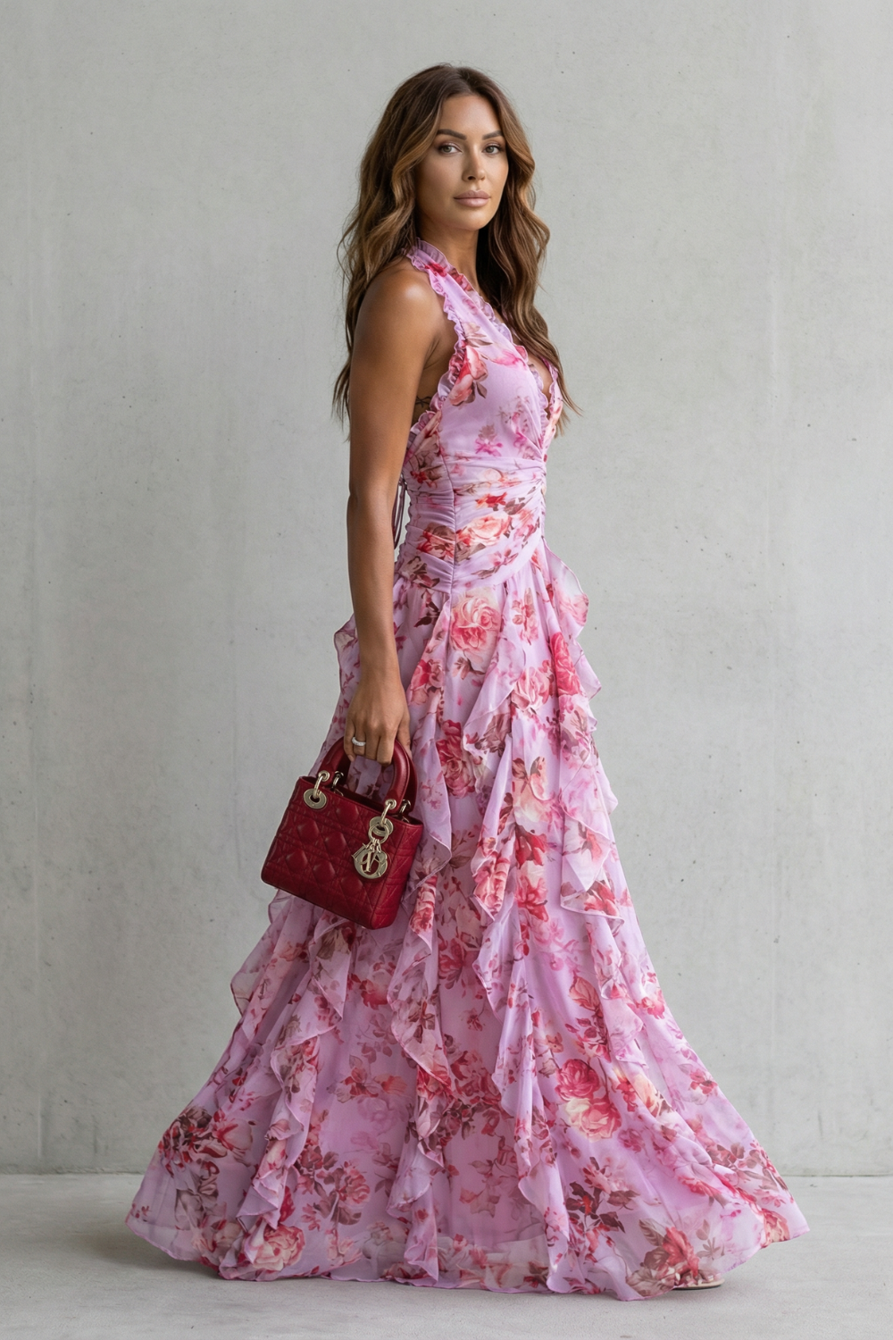 Dorothy | Romantic Rose Cascade Halter Maxi Dress