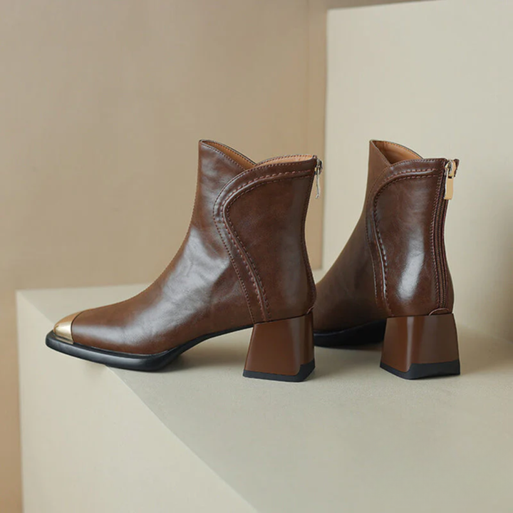 MAUREEN™ – Leather High Heel Ankle Boots with Elegant Cut and Gold Toe Detail