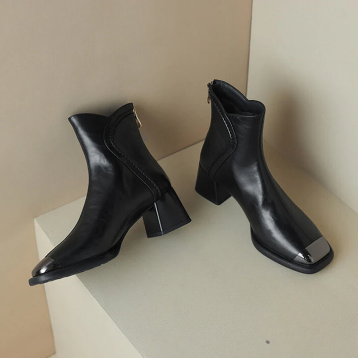 MAUREEN™ – Leather High Heel Ankle Boots with Elegant Cut and Gold Toe Detail