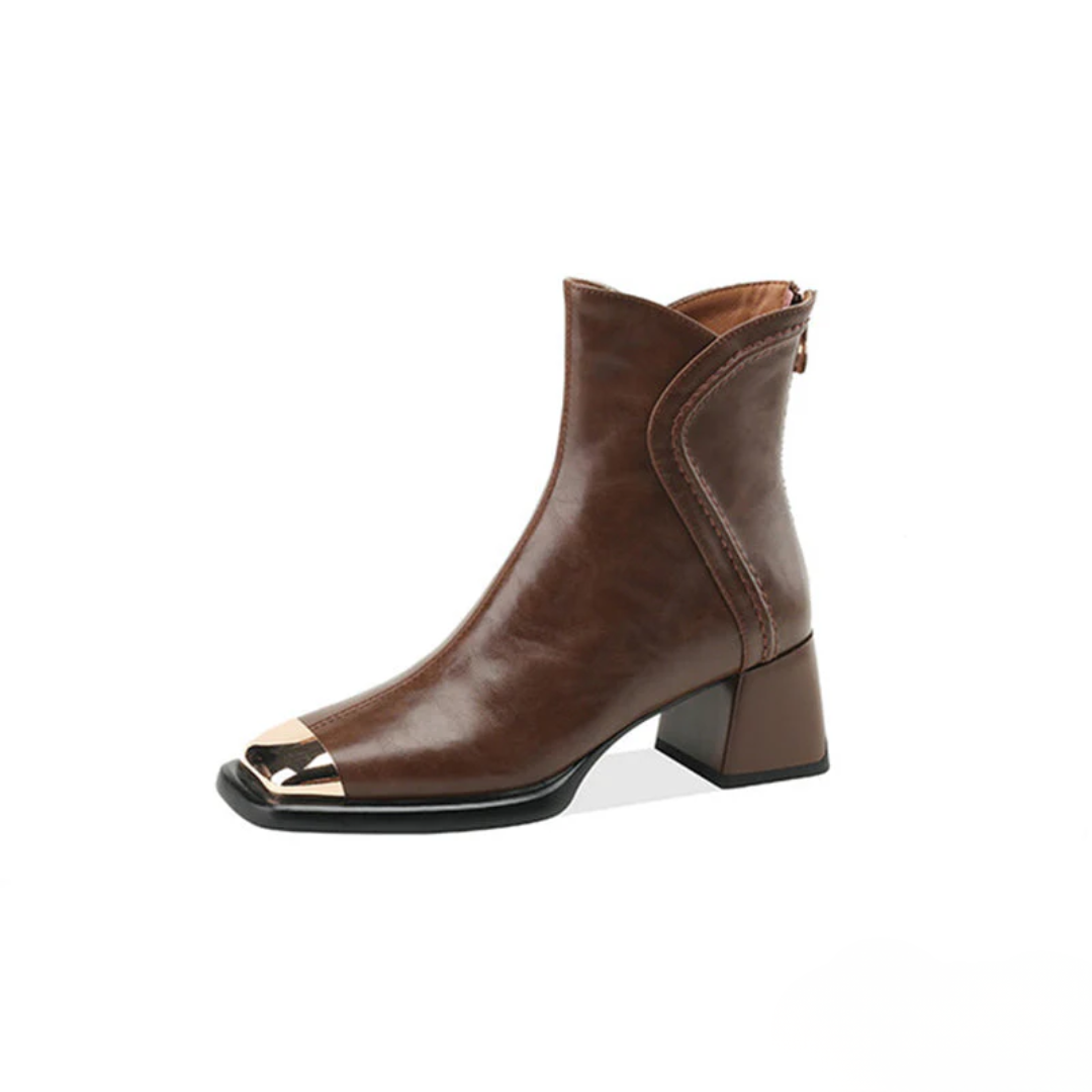 MAUREEN™ – Leather High Heel Ankle Boots with Elegant Cut and Gold Toe Detail