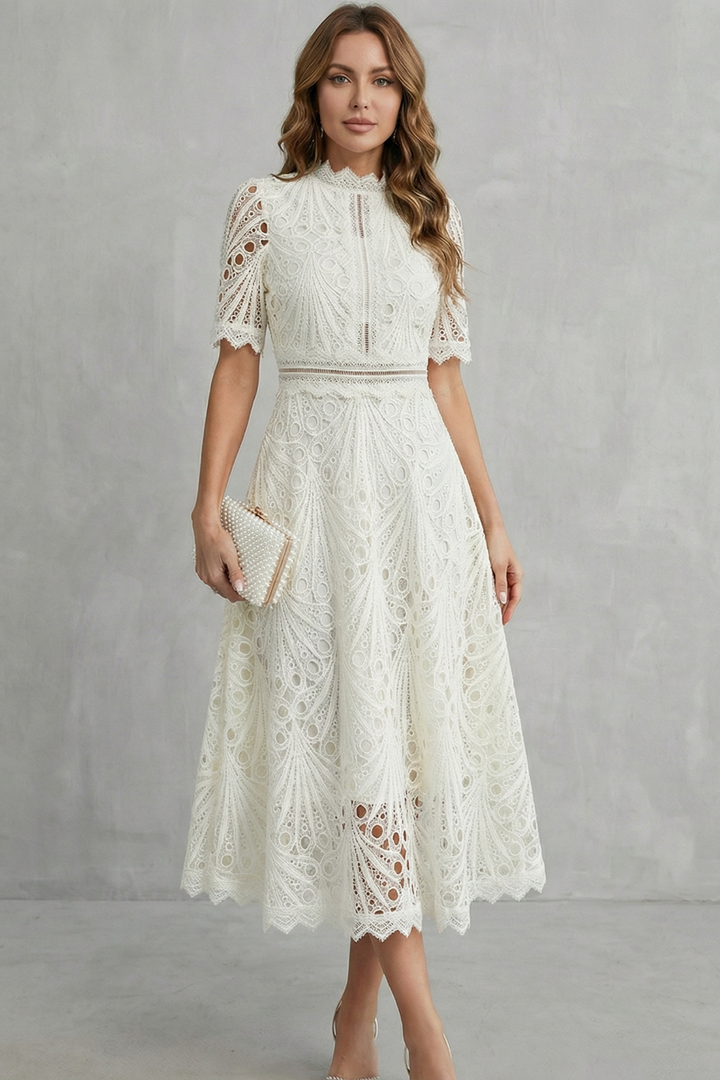 Eleanor | Ornate Lace High-Neck Midi Dress
