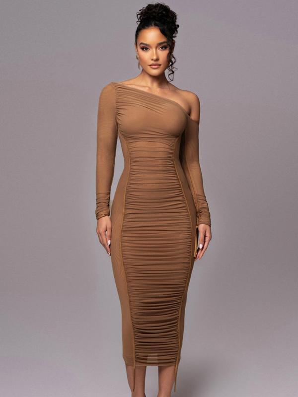MARGARET™ - Striped Ruched Asymmetrical Neck Bodycon Dress