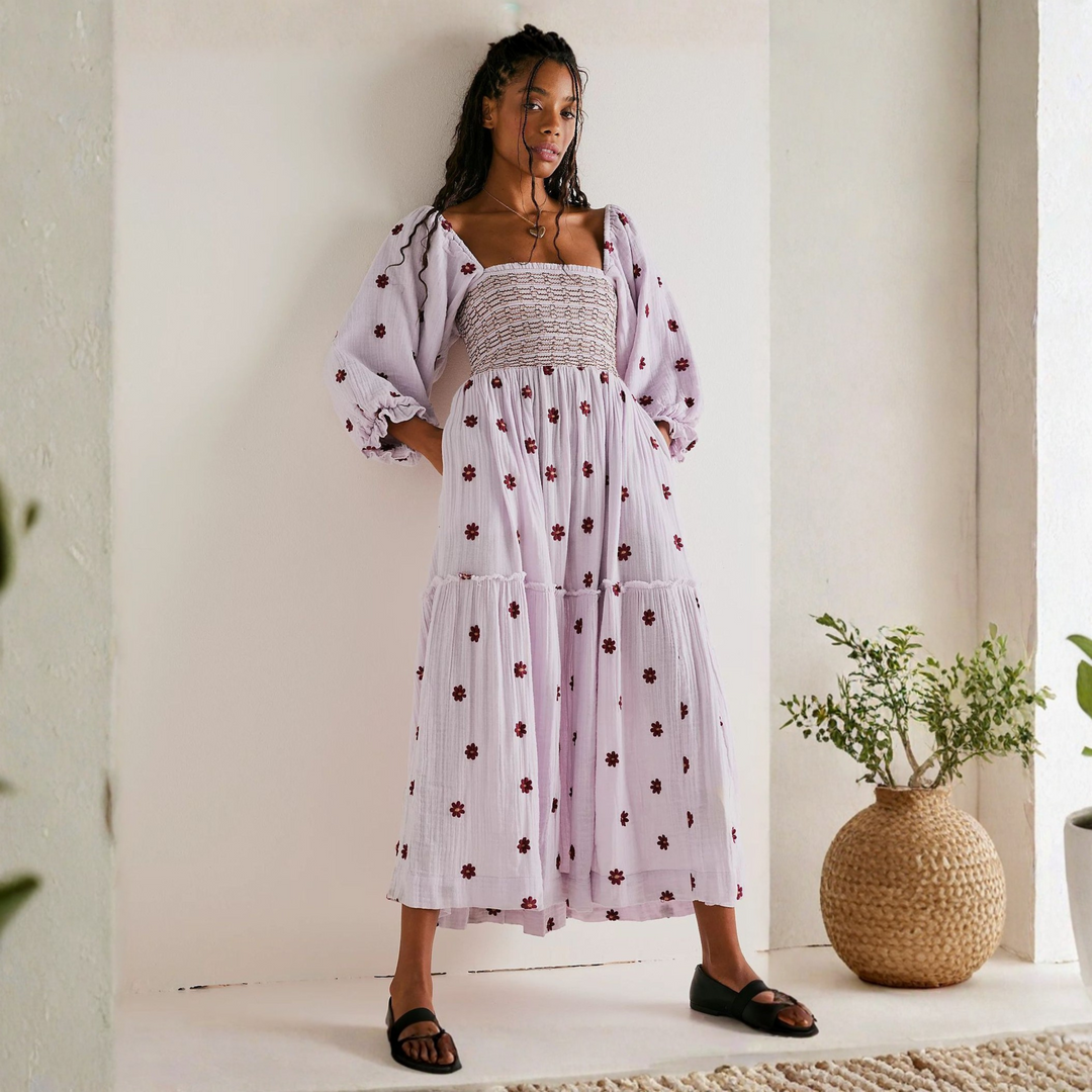 MOIRA™ - Comfy Floral Lantern Sleeve Square Neck Maxi Dress