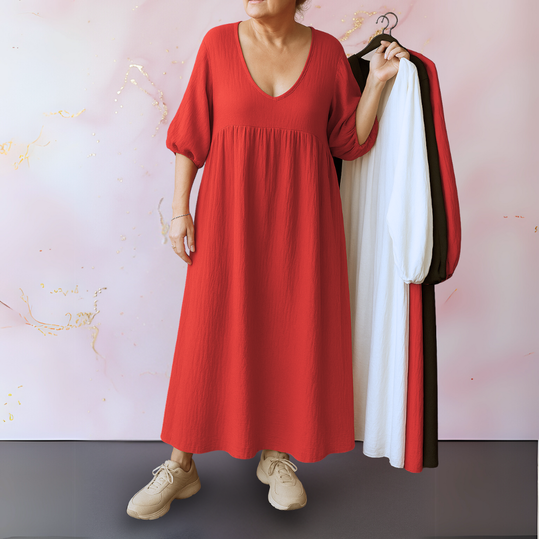 Mora - Solid Color Dress with V-Neck