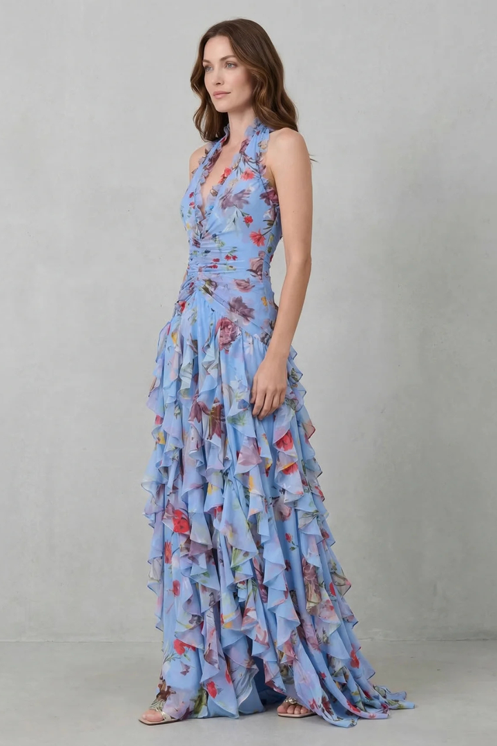 Dorothy | Romantic Rose Cascade Halter Maxi Dress