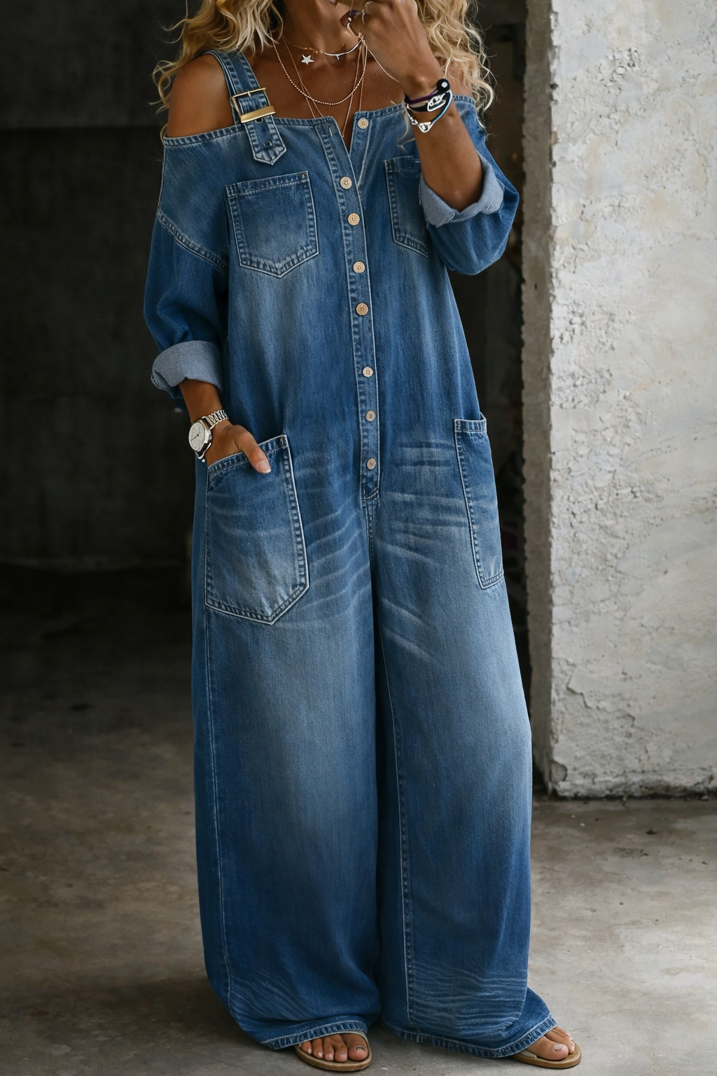 Maya - Off Shoulder Denim Jumpsuit