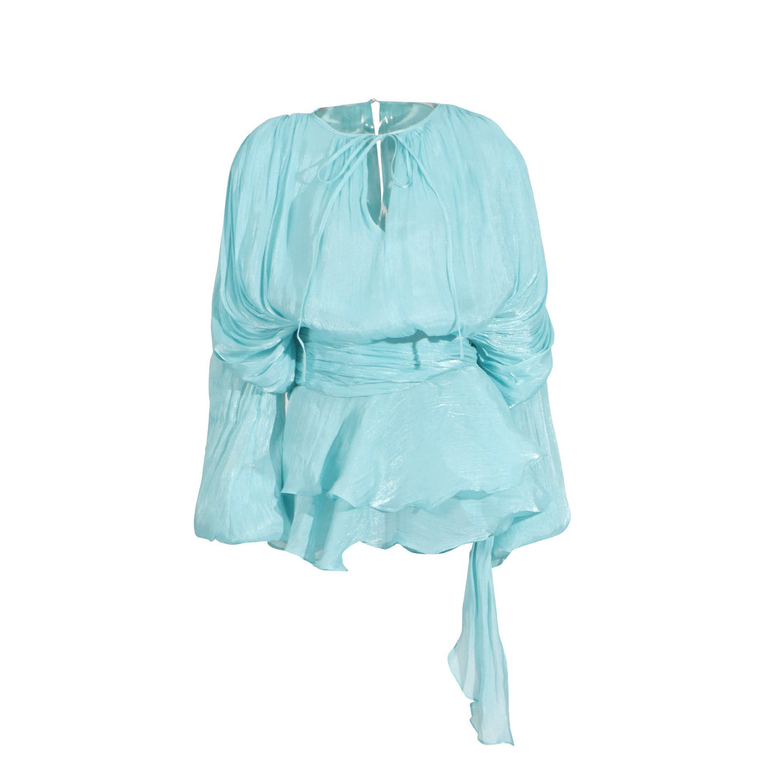 SARA™ - Ruffle Skirt Two-Piece with Lantern Sleeves & Tie-up Front