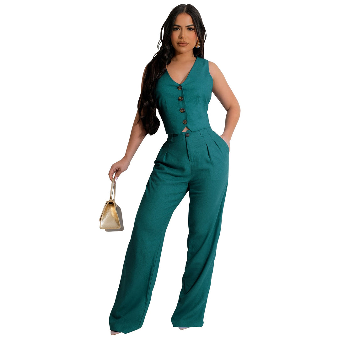 FONORA™ - Elegant V-Neck Crop Tank and High Waist Pants Set