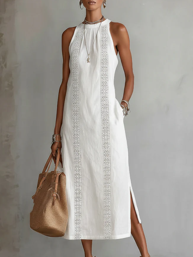 Ruth | Linen-Style Maxi Dress with Mao Collar