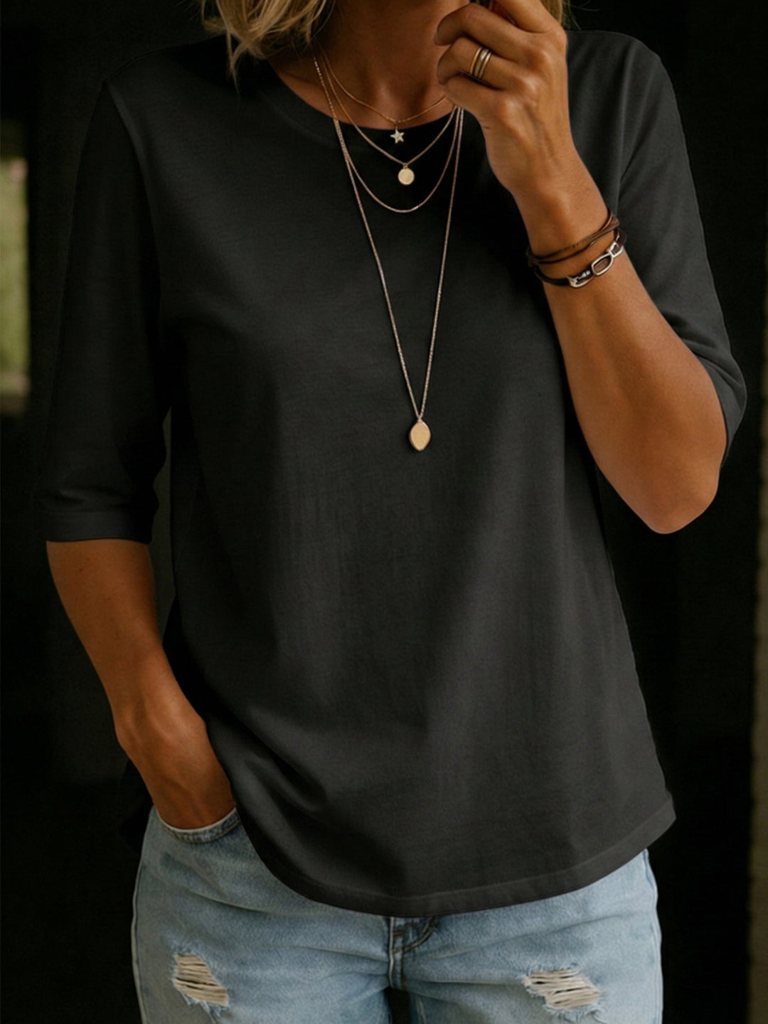 Lydia - Women's Crew Neck 3/4 Sleeve T-Shirt Relaxed Fit Top